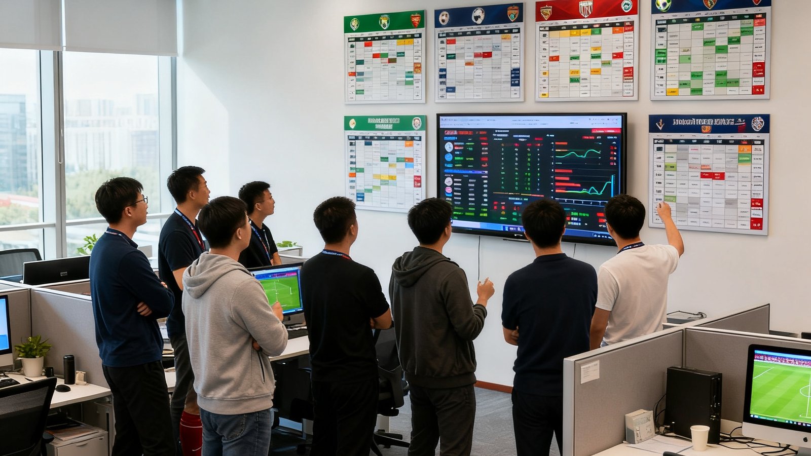 足球资料库北京办公室场景，开放式工位布局，团队成员围绕大屏幕热烈讨论实时比赛数据，墙上挂着各联赛赛程表