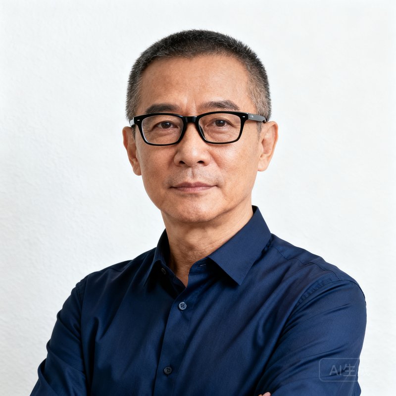 陈志远，足球资料库创始人兼CEO，中年男性，短发，戴着黑框眼镜，身穿深蓝色衬衫，表情沉稳自信