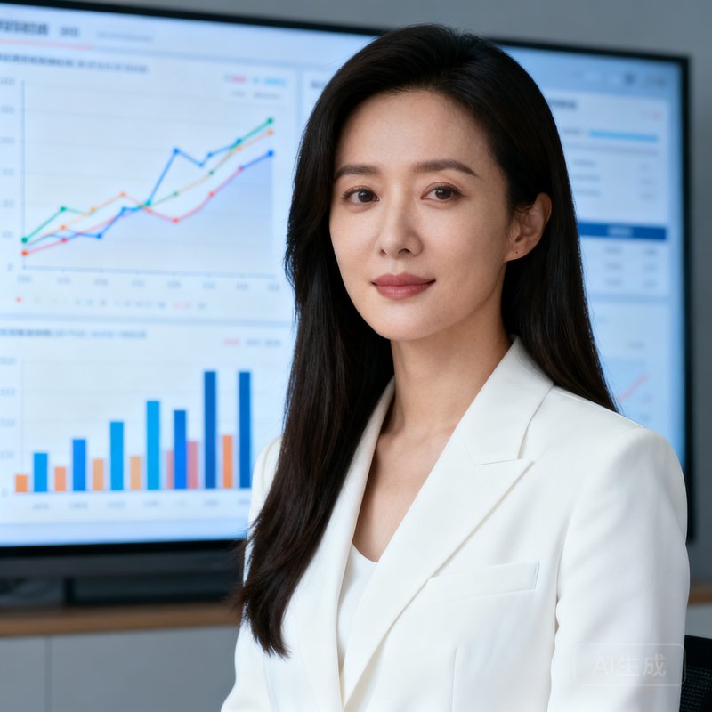 林晓薇，足球资料库数据科学总监，女性，长发披肩，身穿白色西装外套，气质专业干练，背景为数据可视化屏幕